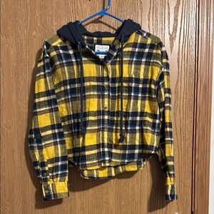 American Eagle Outfitters Blue and Gold Button Down Shirt with Hood